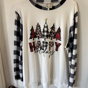 True Self Woman’s Plus Happy Holidays Christmas Tree Sweatshirt Buffalo Plaid